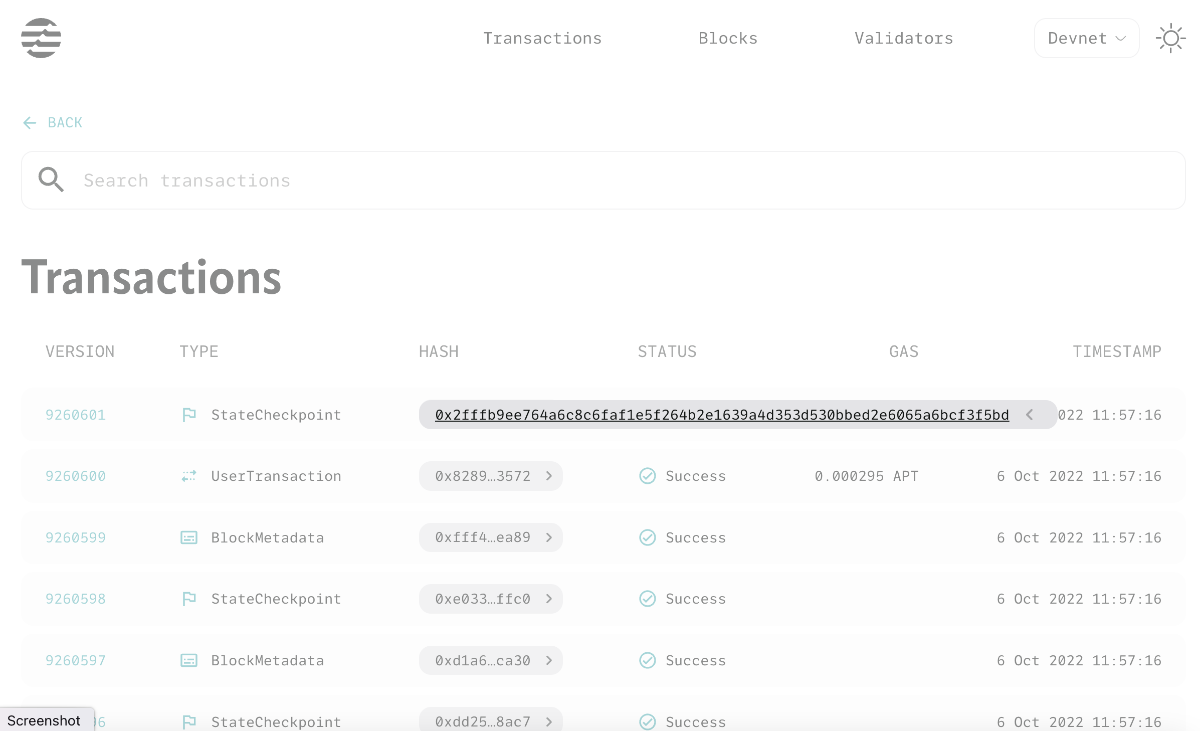 Aptos Explorer Transactions page with hash highlighted